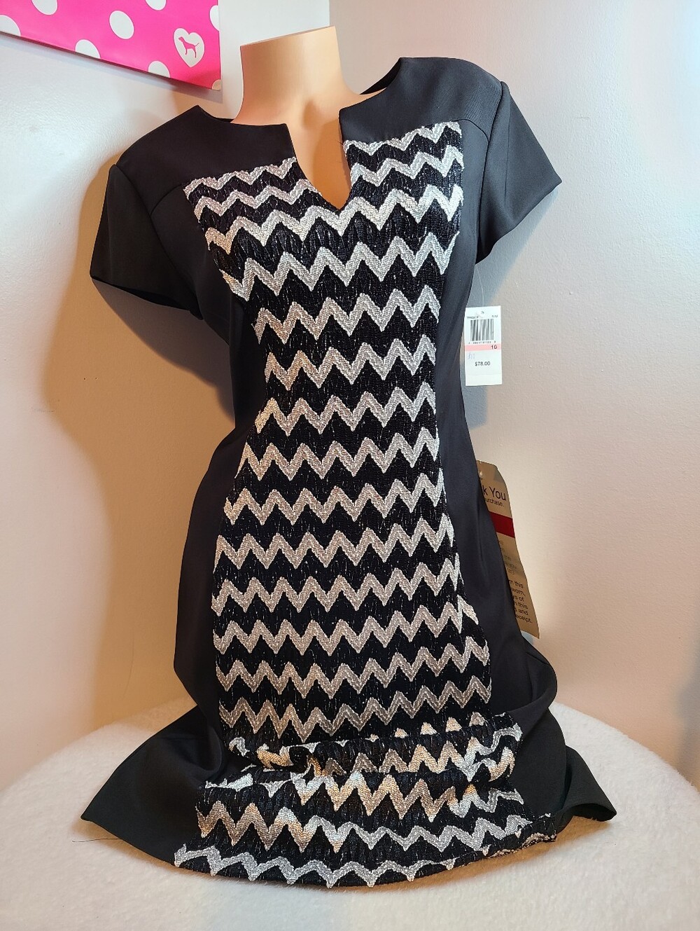 Connected Apparel Black Dress with Silver Chevron Sparkle Front Size 10